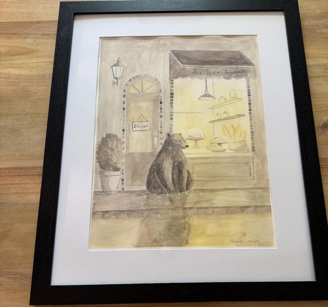 Original Framed Watercolor - Bear and the Bakery