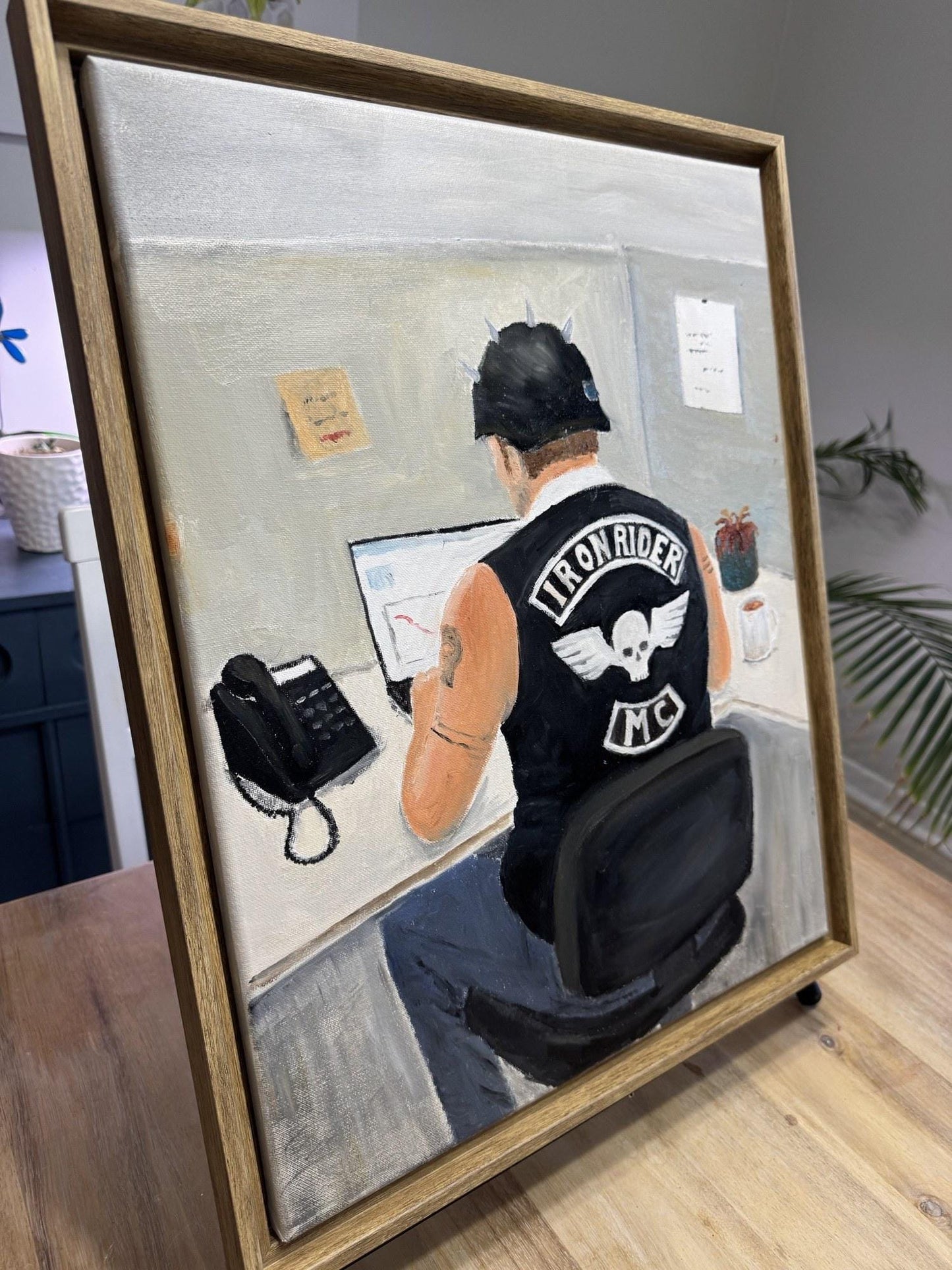 Original Oil Painting, "Inner Soul", Biker at Desk, Contemplative Folk Art, Brotherhood Wall Decor