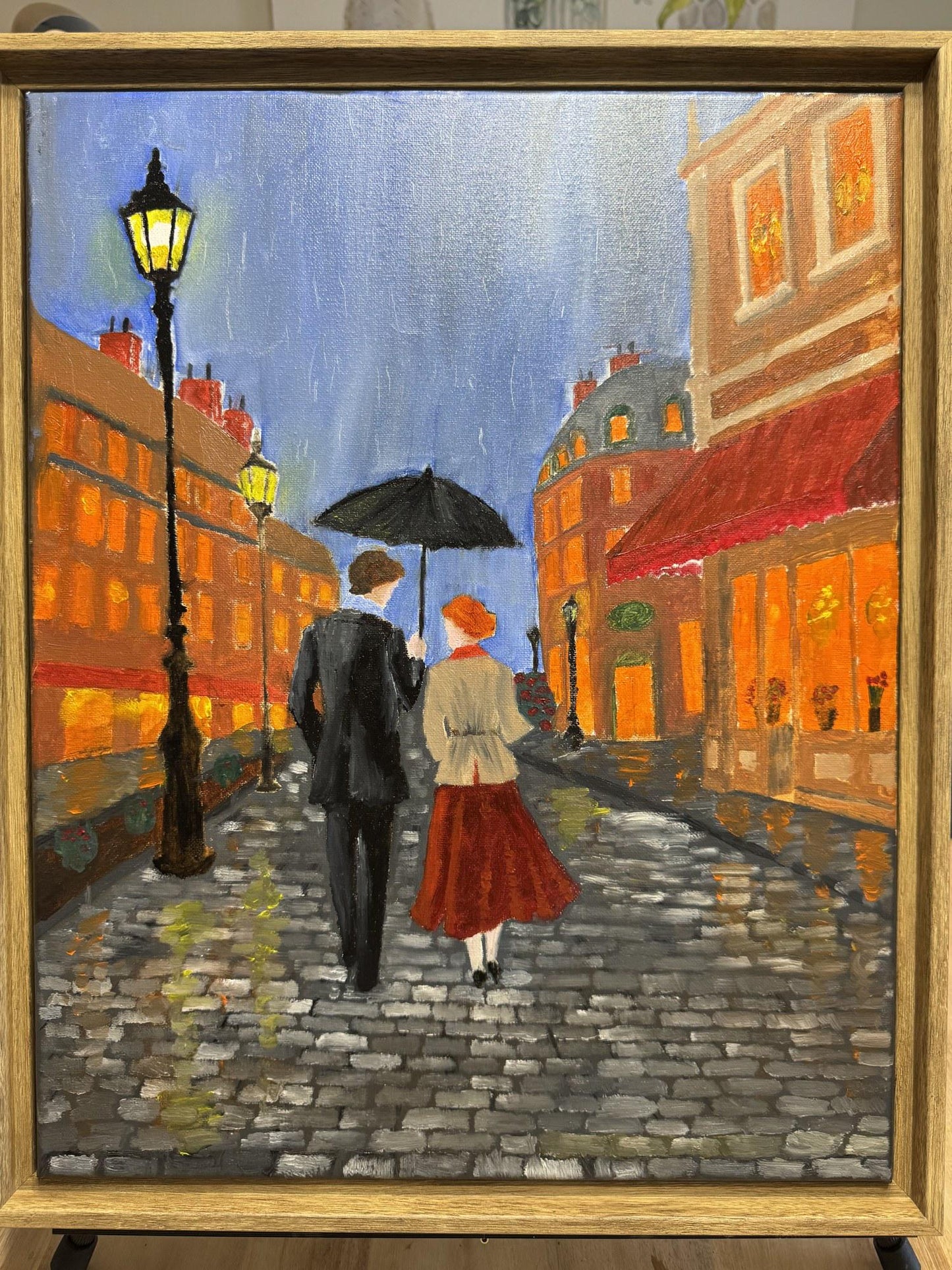 Original Oil Painting, "First Date" Couple Under Umbrella, Romantic Rainy Cityscape Wall Art