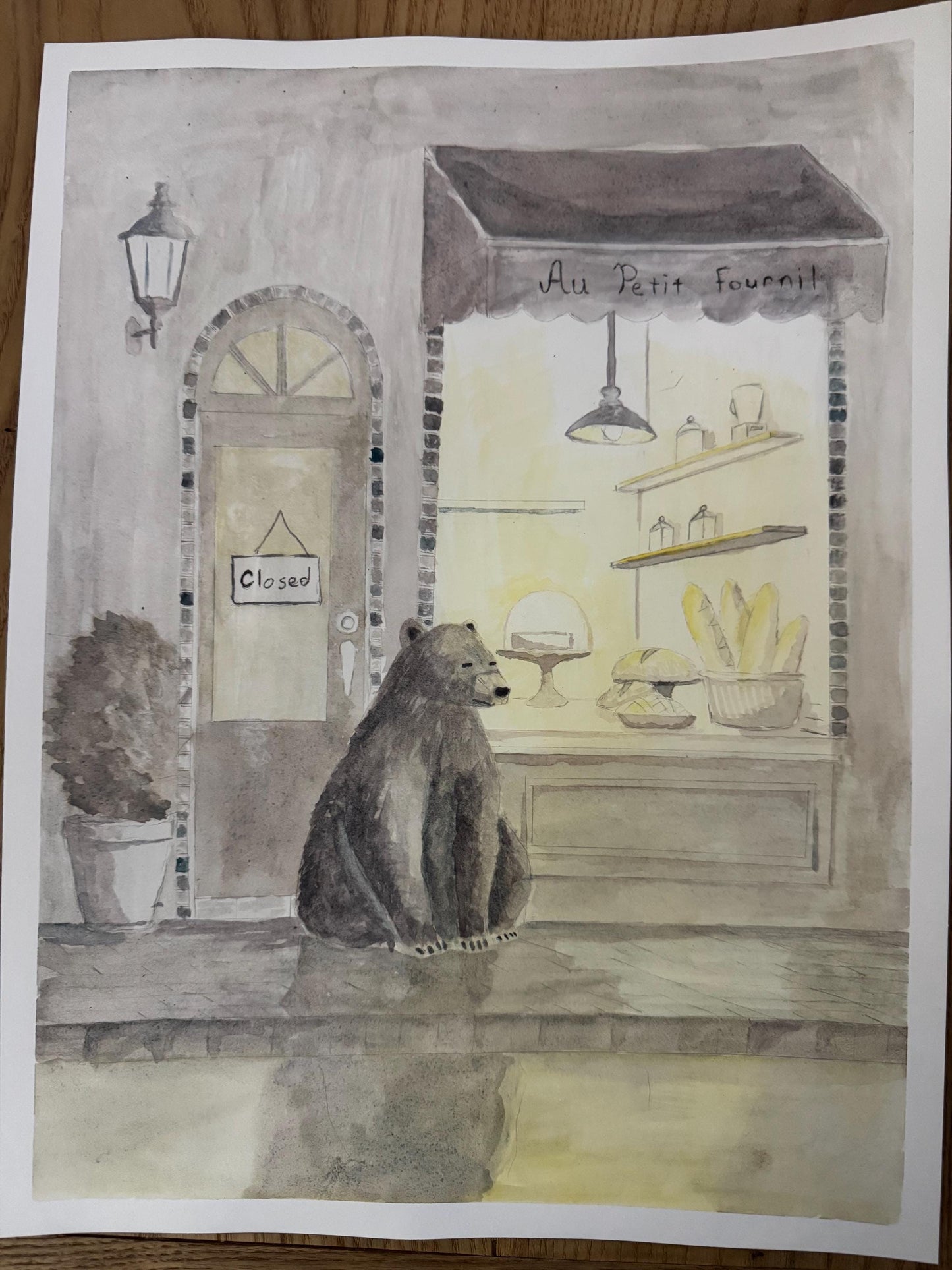 Original Framed Watercolor - Bear and the Bakery