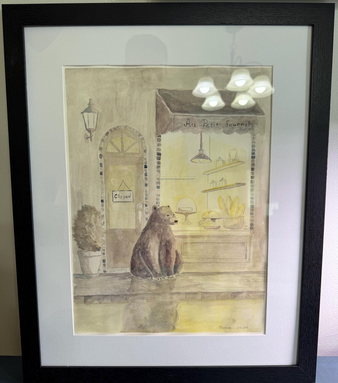 Original Framed Watercolor - Bear and the Bakery
