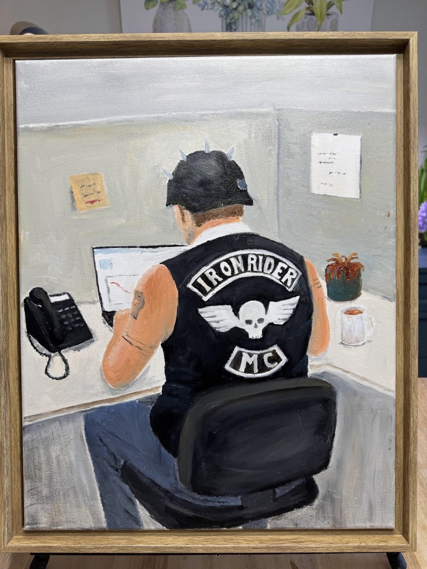 Original Oil Painting, "Inner Soul", Biker at Desk, Contemplative Folk Art, Brotherhood Wall Decor