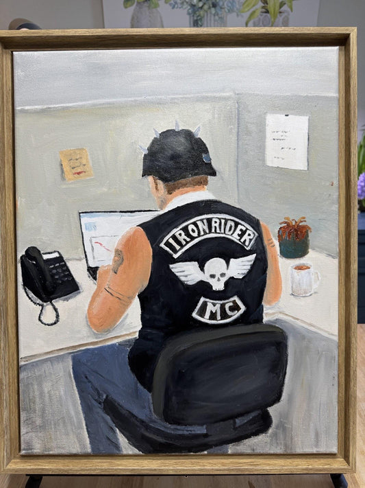 Original Oil Painting, "Inner Soul", Biker at Desk, Contemplative Folk Art, Brotherhood Wall Decor