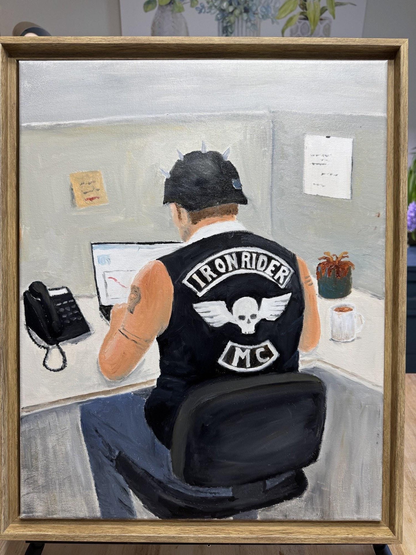Original Oil Painting, "Inner Soul", Biker at Desk, Contemplative Folk Art, Brotherhood Wall Decor