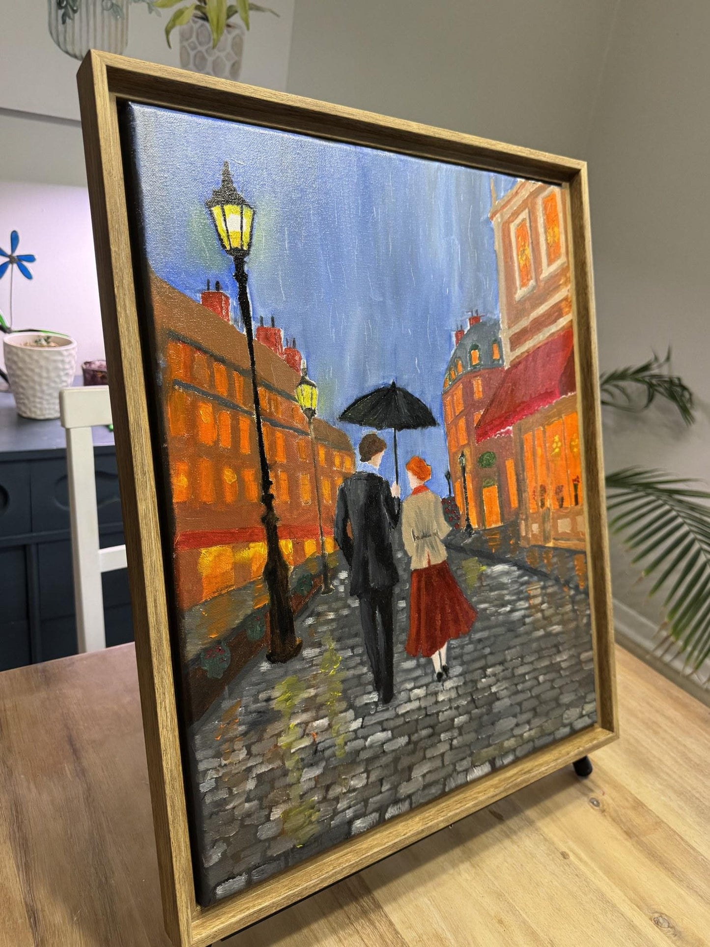 Original Oil Painting, "First Date" Couple Under Umbrella, Romantic Rainy Cityscape Wall Art