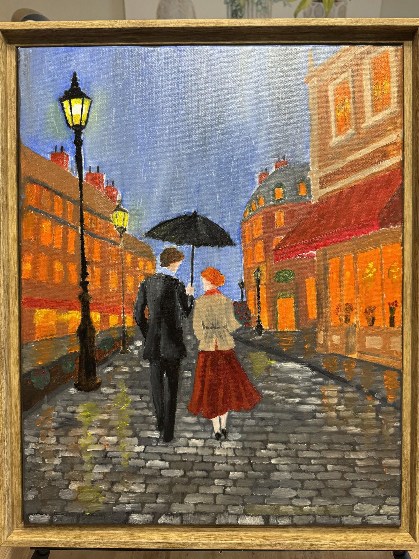 Original Oil Painting, "First Date" Couple Under Umbrella, Romantic Rainy Cityscape Wall Art